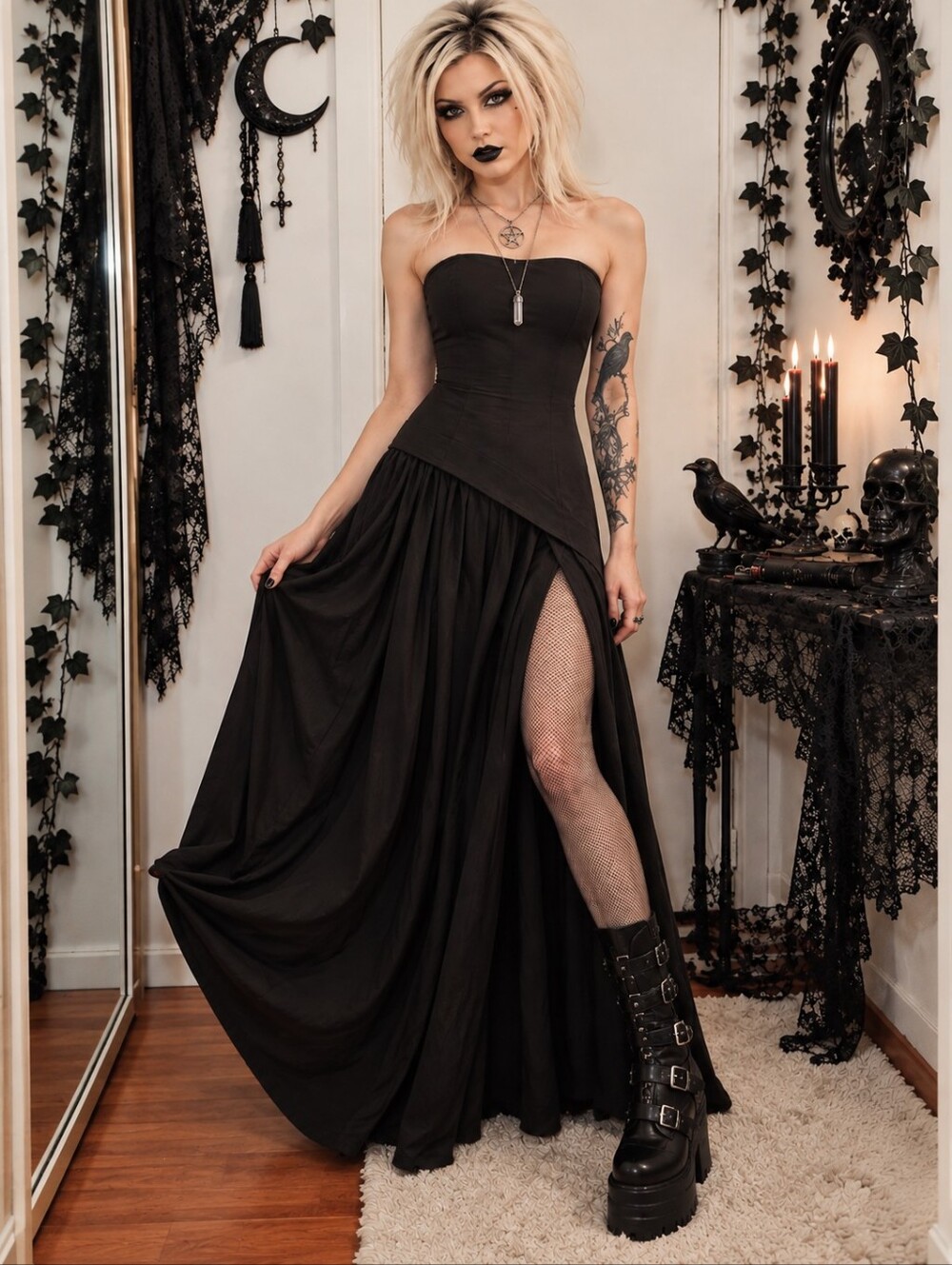 Babyboo Cyra Maxi Dress Black Strapless Corset Slit Size M